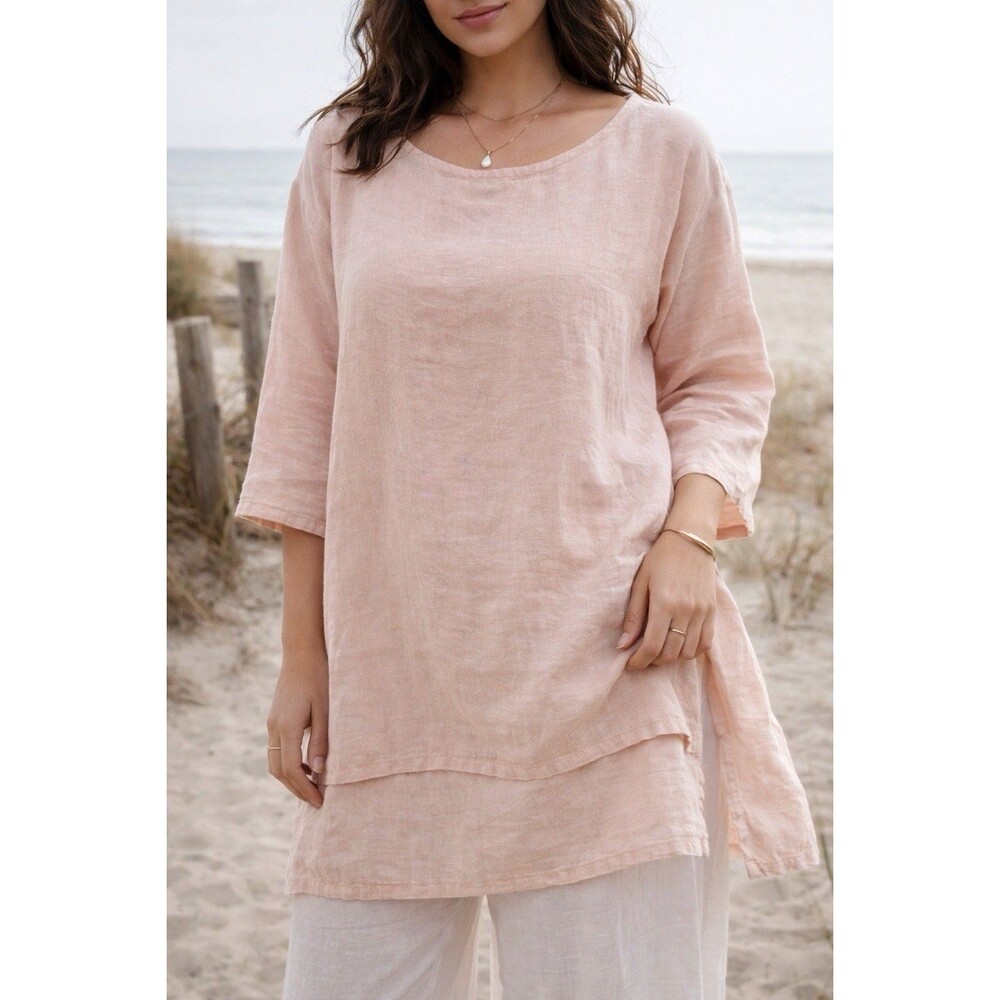 Match Point 100% linen Tunic Blouse Blush Pink Layered Hem Lagenlook  Boho